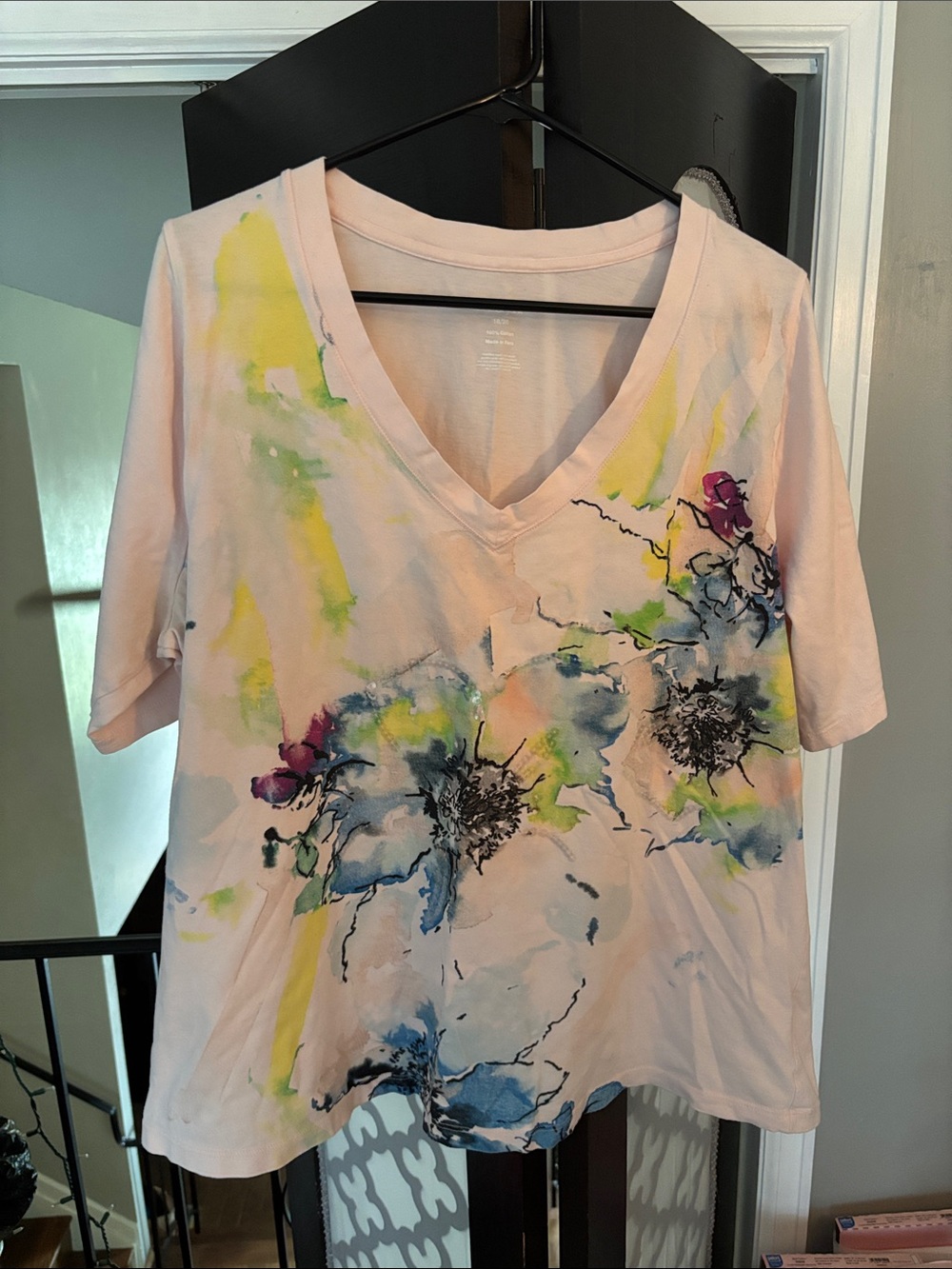 Lane Bryant Light Pink V-Neck Floral Watercolor Tee